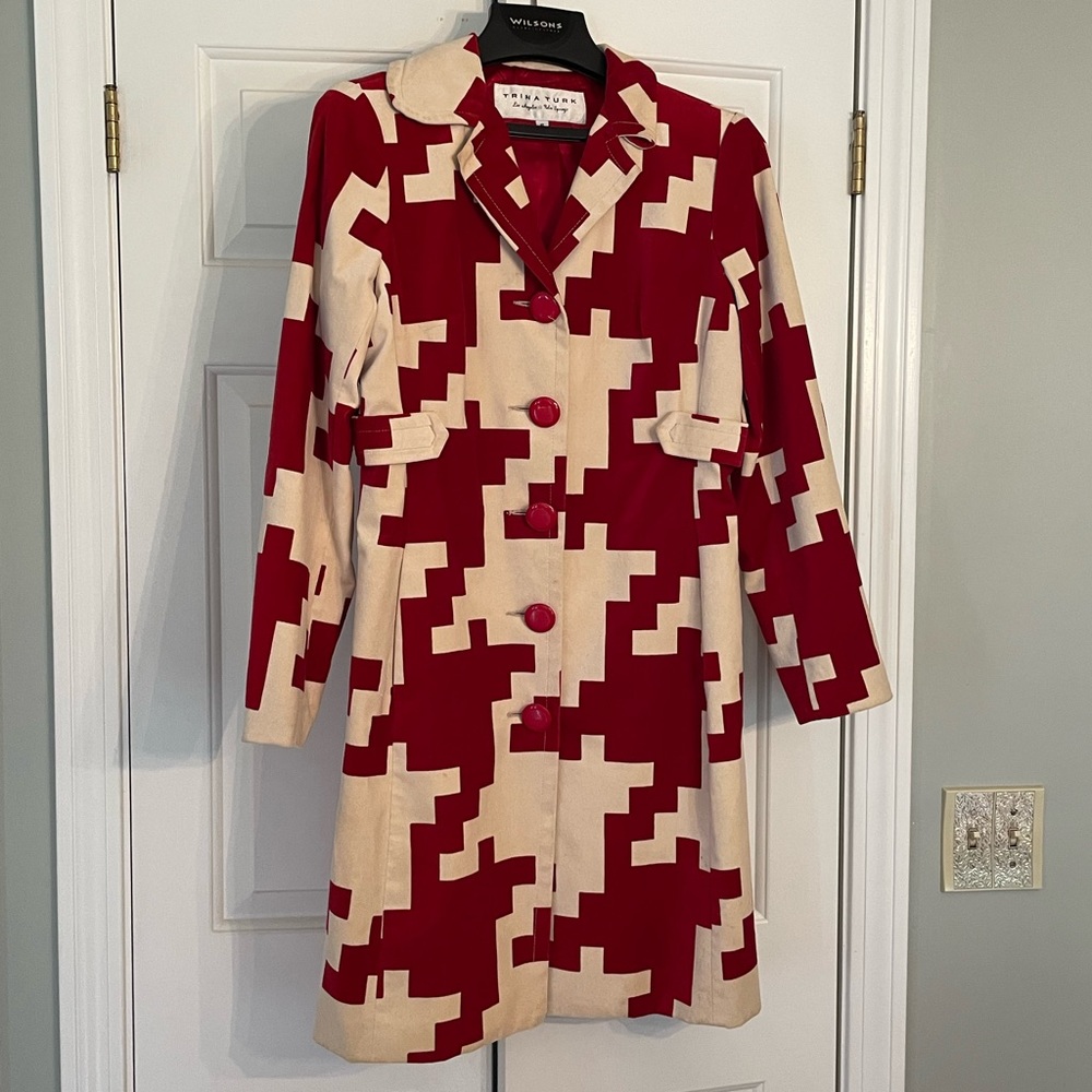 Trina Turk red and white trench coat